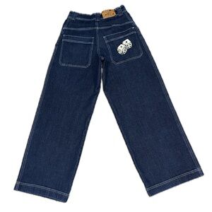 👖🎲 PSYCO Women’s Wide Leg Jeans | Dice Pocket Graphic Y2K Denim | Sz XS (28” W)